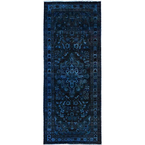 Gibraltar Sea Blue, Overdyed Distressed Look Hand Knotted Sheared Low, Evenly Worn Abrash Pure Wool, Good condition, Vintage Persian Bakhtiari, Sides and Ends Secured, Professionally Cleaned, Wide Runner Oriental Rug  