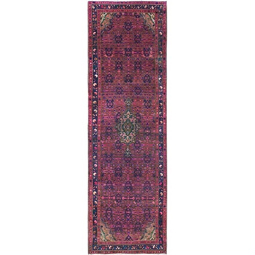 Dahlia Mauve Purple, Overdyed, Hand Knotted Old Persian Hamadan, Good Condition Evenly Worn 100% Wool, Sides and Ends Professionally Secured and Cleaned, Oriental Distressed Look Wide and Long Runner 