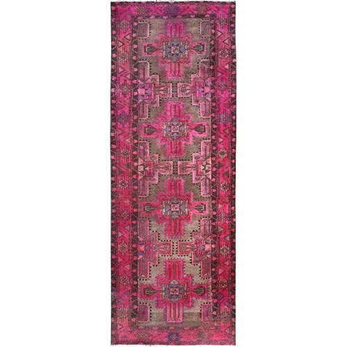 Raspberry Wine Pink, Overdyed Old Northwest Persian, Hand Knotted Distressed Look and Evenly Worn, Sides and Ends Secured, Professionally Cleaned, Sheared Low, Cropped Thin, All Wool Wide Runner Oriental 