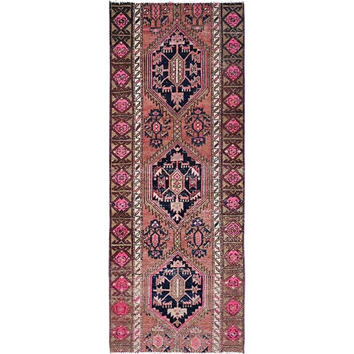 Tea Rose Red, Vintage Persian Serab With Small Animal Figurines and Pink Highlights, Sheared Low, Hand Knotted Distressed Pure Wool, Professionally Cleaned and Secured, Wide Runner Oriental 