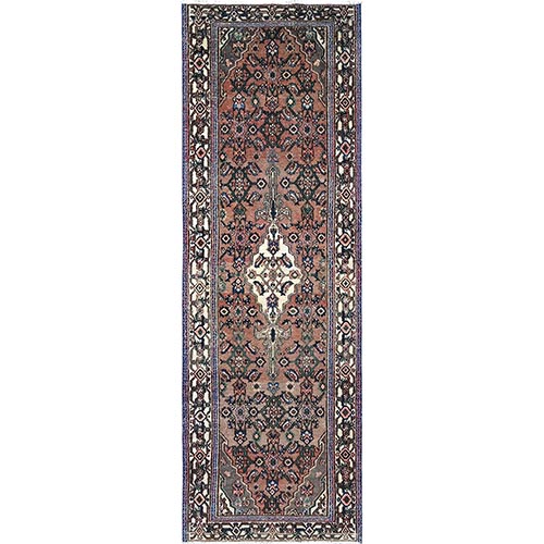 Porcini Brown, Old Persian 
Hussainabad Distressed 100% Wool Abrash Hand Knotted, Evenly Worn, Cleared, Sides and Ends Professionally Secured, Wide and Long Runner, Sheared Low and Cropped Thin Oriental 