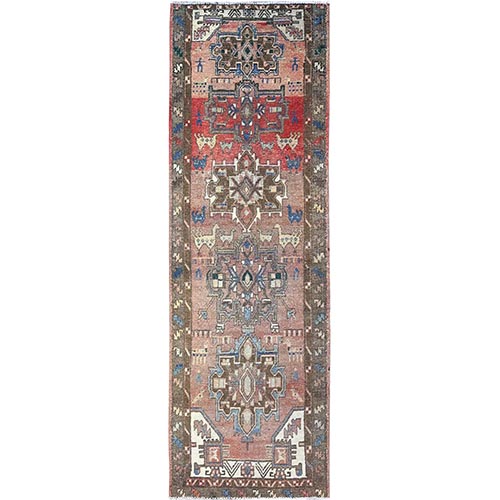 Biscotti Brown, Semi Antique Northwest Persian With Small Animal Figurines and Distinct Abrash, Distressed Look and Evenly Worn, Sides and Ends Secured, Professionally Cleaned, Sheared Low, Hand Knotted Oriental Soft Wool Wide Runner 