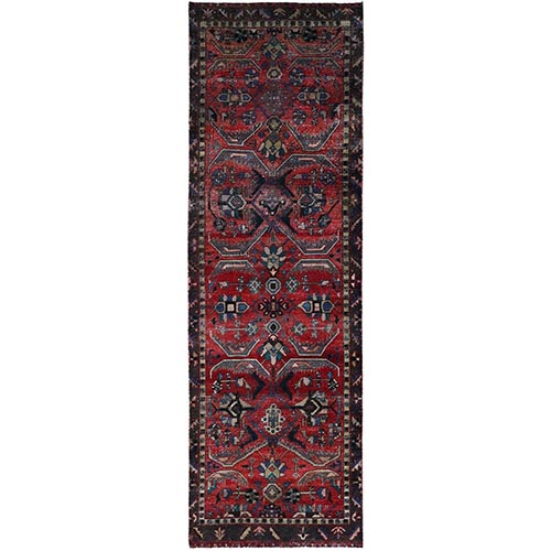 Tomato Red, Vintage Persian Heriz, Evenly Worn, Hand Knotted Sides and Ends Professionally Secured and Cleaned, Excellent Condition, Sheared Low, Oriental Wide Runner Rug 