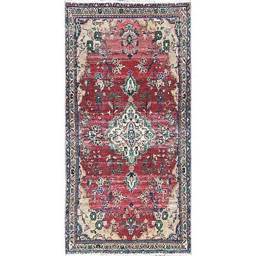 Merlot Red, Hand Knotted Organic Wool, Sides and Ends Professionally Secured, Cleaned, Semi Antique Persian Bibikabad With Distinct Abrash, Excellent Condition Evenly Worn Sheared Low, Cropped Thin,  Runner Oriental Rug