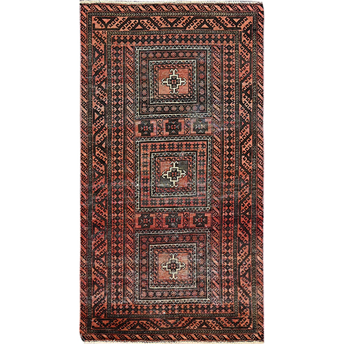 Amber Brown, Sheared Low, Excellent Condition, Evenly Worn, Semi Antique Persian Baluch, Multiple Border, Sides and Ends Professionally Secured and Cleaned, Oriental Rug