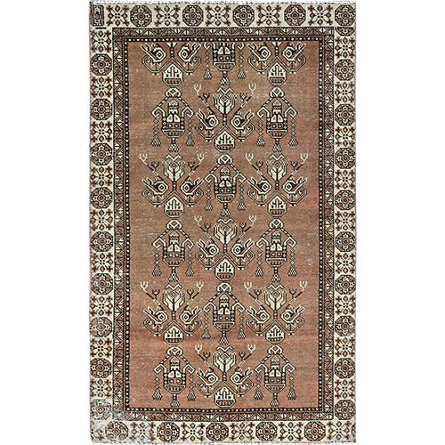 Mocha Mousse Brown, Evenly Worn Natural Wool, Semi Antique Persian Baluch With Hanging Lamp Design, Sides and Ends Professionally Secured and Cleaned, Sheared Low, Oriental Excellent Condition Rug