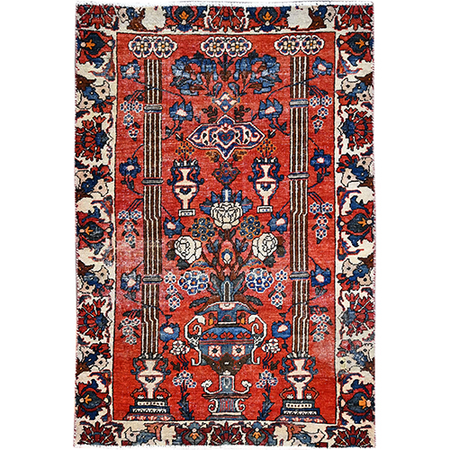 Bullseye Red, Evenly Worn, Old Persian Bakhtiari With Vase and Earn Design, Professionally Cleaned and Sides and Ends Secured, Soft Wool Sheared Low, Excellent Condition Oriental Cropped Thin Rug