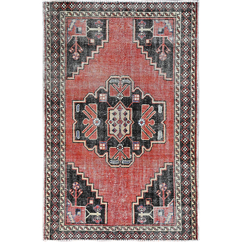 Coral Red, Vintage Persian Heriz with Leaf Design Medallion, Hand Knotted, Pure Wool, Distressed, Worn Down, Oriental 