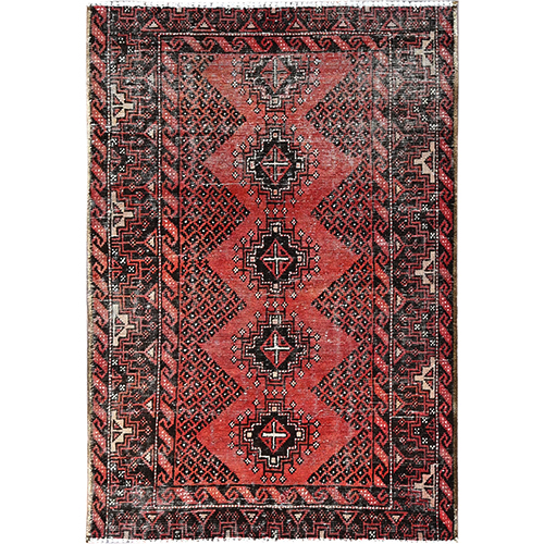 Venetian Red, Hand Knotted Abrash, Evenly Worn, Vintage Persian Baluch, Professionally Cleaned, Sides and Ends Secured, Distressed and Pure Wool, Sheared Low, Oriental Rug