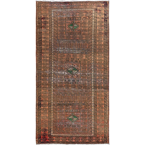Fenugreek Brown, Hand Knotted, Sheared Low, Vintage Worn Persian Baluch, Abrash, Sides and Ends Secured, Professionally Cleaned, Distressed All Wool, Oriental Rug