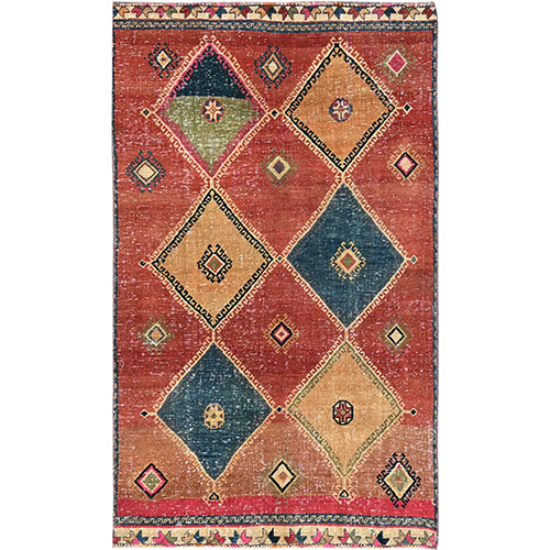 Koi Orange, Vintage Persian Shiraz with Triangular All Over Medallion Design, Worn Down, Pure Wool, Hand Knotted Distressed, Sides and Ends are Clean and Secure, Sheared Low Oriental Rug