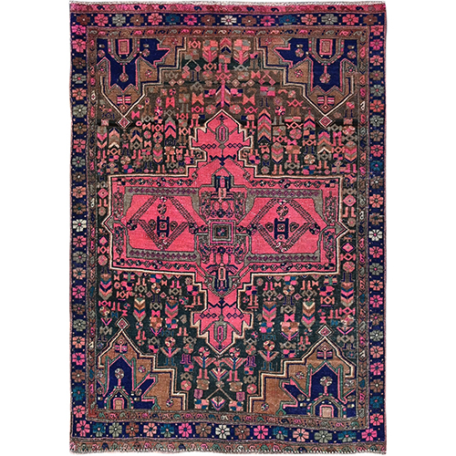 Punch Pink and Yale Blue, Semi Antique Persian Hamadan, Hand Knotted Sides and Ends Professionally Secured and Cleaned, Distressed Look, Good Condition Evenly Worn Oriental Soft Wool Rug