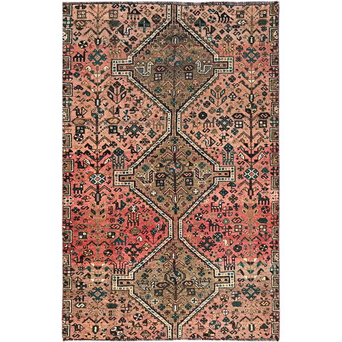 Acorn Brown, Old Persian Shiraz with Small Animal Figurines and Distinct Abrash, Evenly Worn Pure Wool, Sides and Ends Secured, Professionally Cleaned, Distressed Look, Sheared Low, Oriental Rug