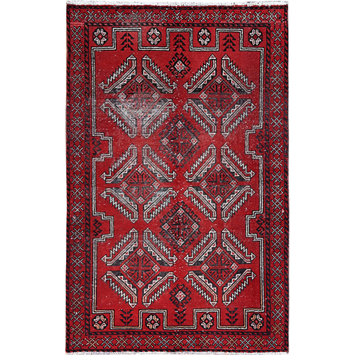 Tomato Red, Hand Knotted 100% Wool Vintage Persian Baluch, Abrash, Evenly Worn Sheared Low, Distressed and Sides and Ends Secured, Professionally Cleaned, Cropped Thin, Oriental Rug
