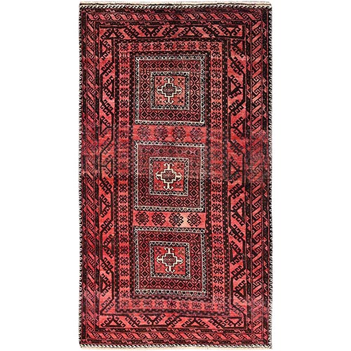 Tractor Red, Vintage Persian Baluch Cropped Thin, Hand Knotted Evenly Worn All Wool, Distressed Look, Excellent Condition, Sheared Low, Clean, Sides and Ends Professionally Secured, Oriental Rug