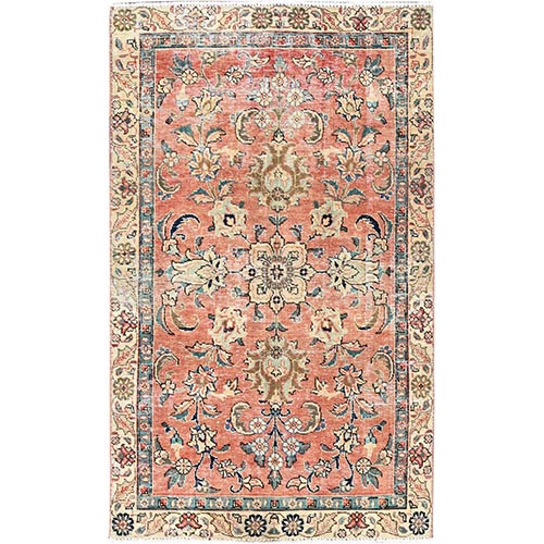 Mahogany Brown, Vintage Persian Tabriz In A Small Rare Size, Hand Knotted Evenly Worn Distressed Look, Sheared Low and Cropped Thin, Soft Wool, Excellent Condition, Sides and Ends Professionally Secured and Cleaned, Oriental Rug