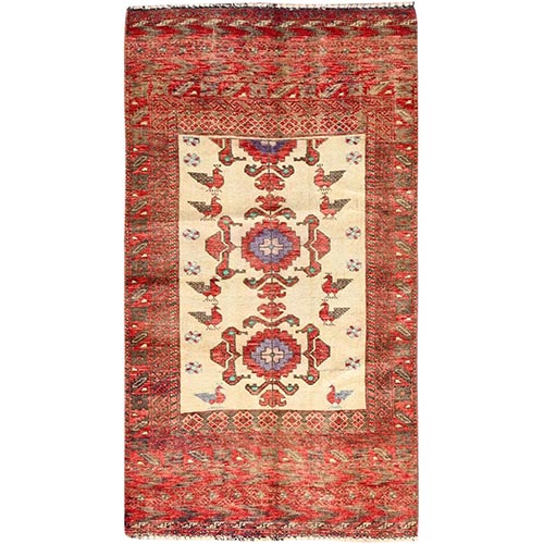 Golden Fog Brown and Candy Apple Red, Wide Border, Vintage Persian Baluch With Small Bird Figurines, Pure Wool Hand Knotted Evenly Worn, Good Condition, Distressed Look and Sheared Low, Sides and Ends Professionally Cleaned and Secured, Oriental Rug  