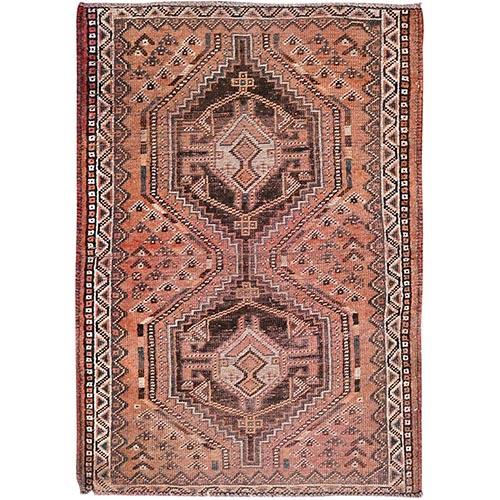 Atumnal Brown, Abrash Vintage Persian Shiraz With Wool Foundation Abrash, Sides and Ends Secured, Professionally Cleaned, Evenly Worn 100% Wool, Distressed Look, Sheared Low, Oriental Cropped Thin Rug