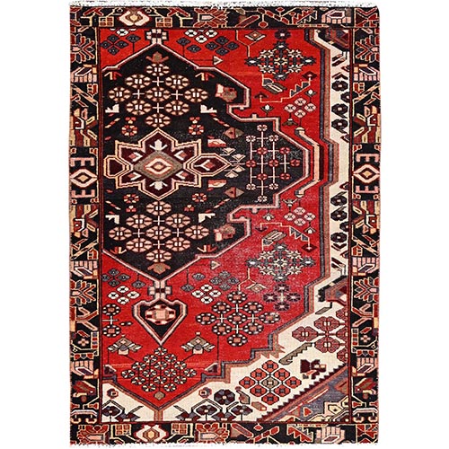 Ferrari Red, Vintage Persian Bakhtiari Fragment, Sides and Ends Secured, Professionally Cleaned, Evenly Worn Natural Wool, Distressed Look, Sheared Low and Cropped Thin, Oriental Excellent Condition Rug