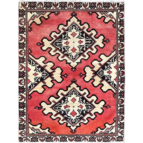 Goji Berry Red, Evenly Worn Distressed Look Semi Antique Persian Bakhtiari, Excellent Condition, Sides and Ends Secured, Professionally Cleaned, Sheared Low, Vibrant Wool, Cropped Thin, Oriental Rug