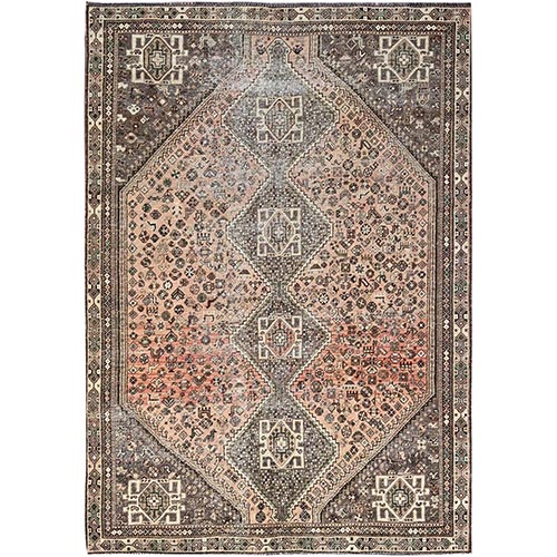 Irish Cream Brown With Deep Taupe Corners, Distressed Look Evenly Worn Natural Wool Hand Knotted, Vintage Persian Shiraz Cropped Thin, Sides and Ends Secured, Professionally Cleaned, Sheared Low, Oriental Rug