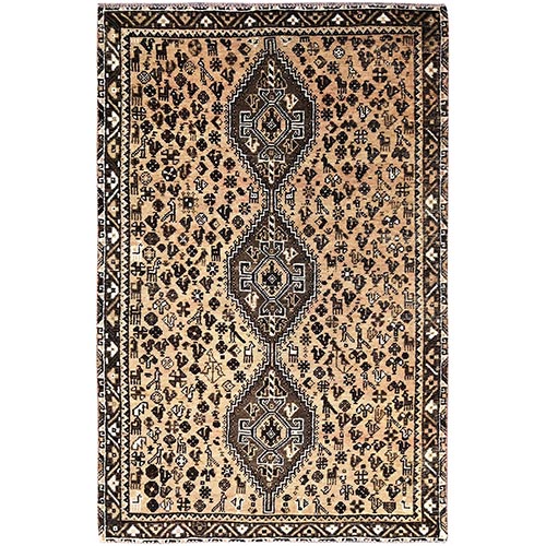 Bisque Brown, Hand Knotted Old Persian Shiraz With Small Birds Figurines, Evenly Worn 100% Wool, Cropped Thin, Sides and Ends Secured, Professionally Cleaned, Distressed Look, Sheared Low, Oriental Rug