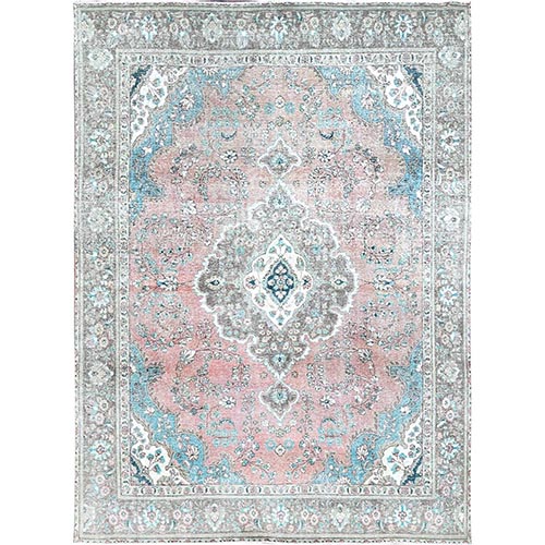 Veiled Rose Pink, Vintage Persian Tabriz Medallion Design, Evenly Worn, Sheared Low Distressed Look, Good Condition, Cleaned, Sides and Ends Professionally Secured, Hand Knotted Pure Wool Oriental Rug 