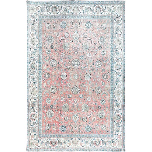Terra Cotta Pink, Cropped Thin, Old Persian Tabriz Shahbaz All Over Flower Design, Sunset Colors, Distressed Look, Hand Knotted Organic Wool, Sheared Low, Worn Out, Sides and Ends Professionally Secured and Cleaned, Oriental 