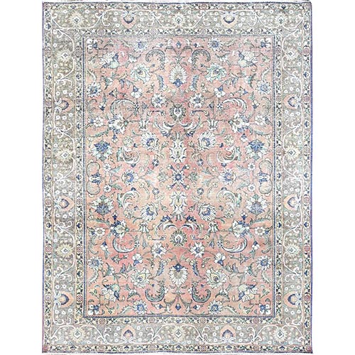 Dark Vanilla Brown, Vintage Persian Tabriz All Over Design With Sunset Colors, Hand Knotted Evenly Worn Sheared Low, Distressed Look and Cropped Thin, All Wool, Sides and Ends Professionally Secured and Cleaned, Excellent Condition Oriental Rug