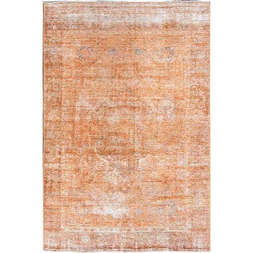 Carrot Curl Orange, Overdyed Old Persian Tabriz With Pumpkin Orange Colors,, Distressed, Cropped Thin, Evenly Worn, Hand Knotted With Mint Condition, Sheared Low, 100% Wool, Sides and Ends Secured, Professionally Cleaned, Oriental Rug