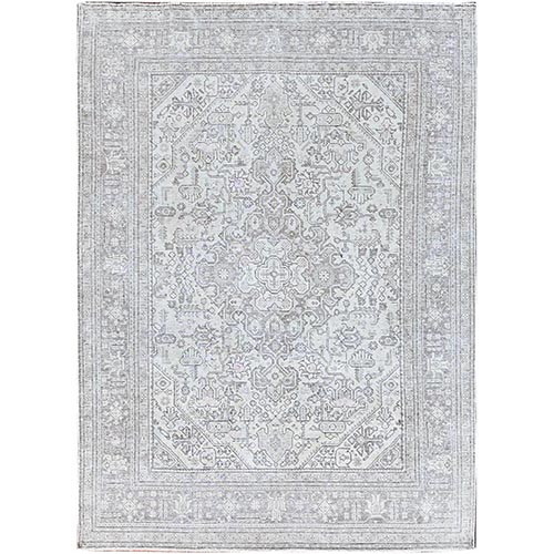 Snowbound White, Hand Knotted Old Persian Tabriz White Wash Geometric Design, Shiny Wool With Excellent Condition, Distressed Look, Cropped Thin, Sheared Low, Even Wear, Oriental Rug  