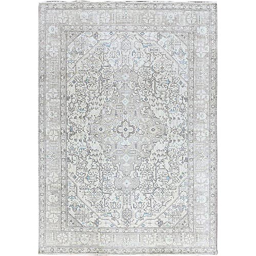 Chantilly Lace White, Good Condition, Cropped Thin, Sheared Low, Vintage Persian Tabriz Geometric Medallion, Even Wear, Sides and Ends Professionally Secured and Cleaned, Distressed Extra Soft Wool Oriental Rug 