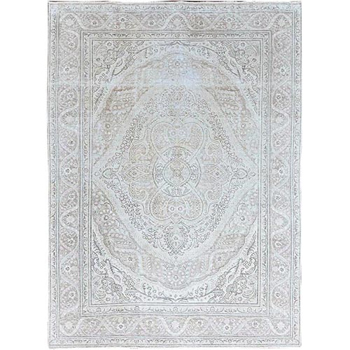 Ceiling Bright White, Old Persian Tabriz Tone on Tone, Multiple Flower Medallions, Mint Condition, Hand Knotted Distressed Look and Cropped Thin, Evenly Worn, Sheared Low, Soft and Velvet Wool, Sides and Ends Secured, Professionally Cleaned, Oriental Rug