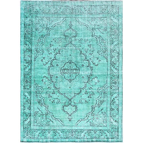 Mint Green, Excellent Condition Overdyed Vintage Persian Tabriz, Sheared Low, Worn and Distressed, Pure Wool, Hand Knotted, Cropped Thin Oriental Rug 