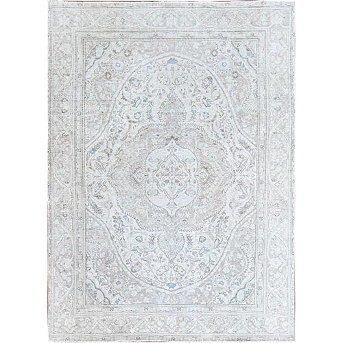 Silos White, Evenly Worn Natural Wool, Semi Antique Persian White Wash Tabriz With Touches Of Blue, Sides and Ends Professionally Secured and Cleaned, Sheared Low, Oriental Excellent Condition Rug