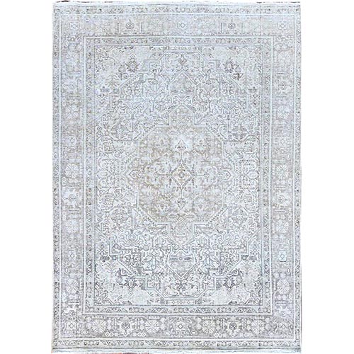 Sugar Swizzle White, Hand Knotted Abrash Sides and Ends Secured, Professionally Cleaned, Vintage Persian Tabriz White Wash With Geometric Medallion, Excellent Condition, Cropped Thin and Sheared Low, Evenly Worn Pure Wool Oriental Rug