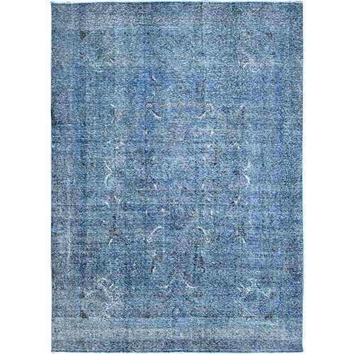 Gibraltar Sea Blue, Cropped Thin Overdyed Vintage Persian Tabriz, Even Wear, Sides and Ends Professionally Secured, Cleaned,, Sheared Low, Hand Knotted Good Condition 100% Wool Oriental Rug