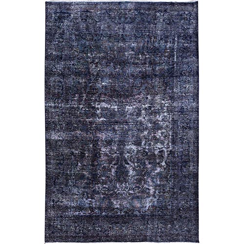 Peacoat Blue and Charcoal Black, Overdyed, Semi Antique Tabriz, Pure Wool Sheared Low, Worn and Distressed, Professional Cleaner, Tone on Tone, Hand Knotted, Excellent Condition Oriental Rug 
