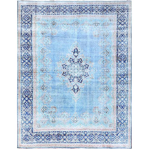 Winter Sky With Bayern Blue, Hand Knotted Shiny Wool, Sides and Ends Professionally Secured, Cleaned, Semi Antique Persian Kerman, Excellent Condition, Worn Down, Sheared Low, Cropped Thin, Distressed Feel Oriental Rug