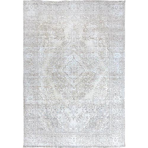 Cannoli Cream White, Hand Knotted Sides and Ends Secured, Professionally Cleaned, Vintage Persian White Wash Tabriz, Excellent Condition, Cropped Thin and Sheared Low, Worn Down Extra Soft Wool Oriental Rug