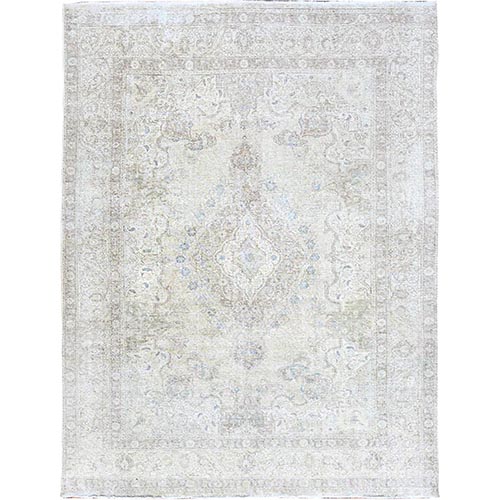 Brilliant White, Vintage Persian White Wash Tabriz With Touches Of Blue, Hand Knotted Sheared Low, Cropped Thin, 100% Wool Distressed Look and Evenly Worn, Sides and Ends Secured, Professionally Cleaned, Oriental Rug