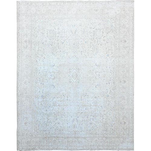 Heron White, Hand Knotted Semi Antique Persian White Wash Tabriz With Touches Of Blue, Lustrous Wool, Sheared Low, Cropped Thin, Distressed Feel and Worn Down, Sides and Ends Secured, Professionally Cleaned, Oriental Rug