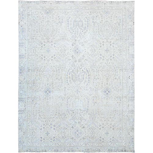 Decorators White, Organic Wool Hand Knotted Vintage Persian White Wash Tabriz, Excellent Condition, Sides and Ends Professionally Secured and Cleaned, Worn Down Distressed Oriental Rug