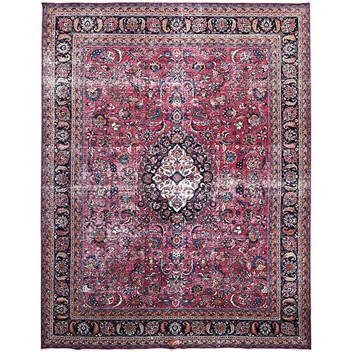 Barbados Cherry Red, Vintage Persian Mashad, Hand Knotted 100% Wool, Sheared Low and Cropped Thin, Distressed Look, Good Condition, Cleaned, Sides and Ends Professionally Secured, Worn Oriental Rug