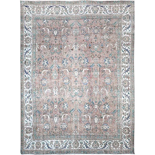 Porcini Brown, Old Persian Tabriz All Over Design With Touches of Blue and Green, Cropped Thin, Evenly Worn Pure Wool Hand Knotted, Sheared Low Distressed Look, Excellent Condition, Clean with Sides and Ends Professionally Secured, Oriental Rug