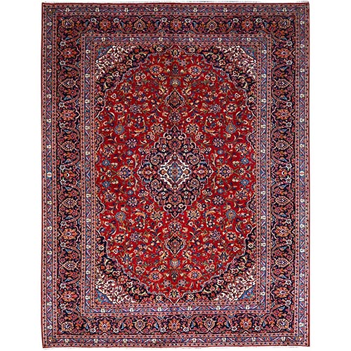 Volcanic Red With Planetarium Blue, Hand Knotted Soft and Vibrant Wool, Professionally Cleaned, Great Condition, Full Pile, Vintage Persian Kashan Medallion Design, Oriental Soft Rug