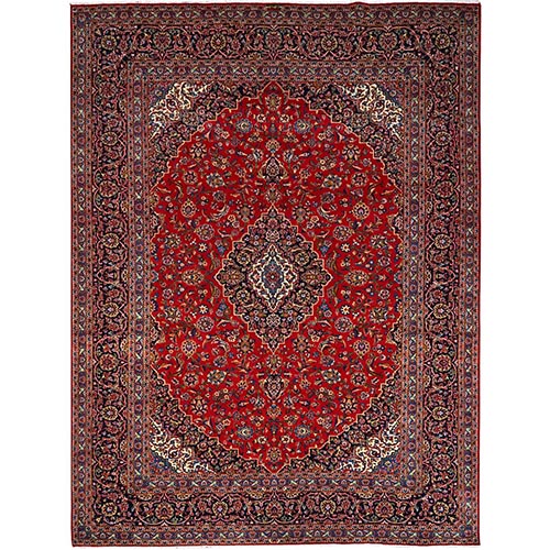 Salsa Red, Blue Border and Corners, Hand  Knotted Old Persian Kashan Medallion Design, Great Condition and Vegetable Dyes, Soft and Professionally Clean Full Pile, Oriental All Wool Rug