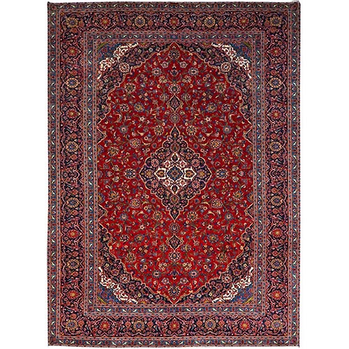 Currant Red, Pure Wool Old Persian Kashan With Medallion Design and Central Motif, 200KPSI, Densely Woven Hand Knotted Natural Dyes, Oriental Rug