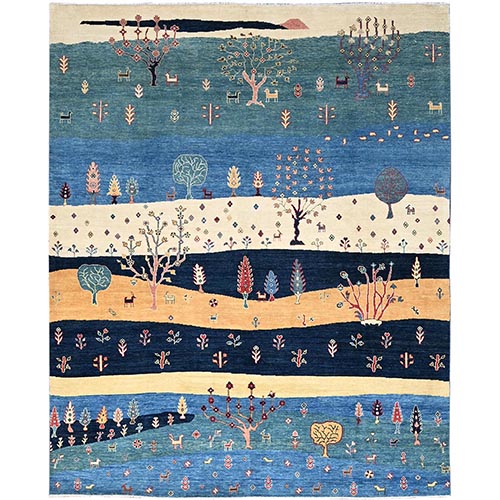 Legion Blue, Scenery Gabbeh With Small Animal Figurines, Hand Knotted Thick and Plush, 100% Wool Oriental Rug