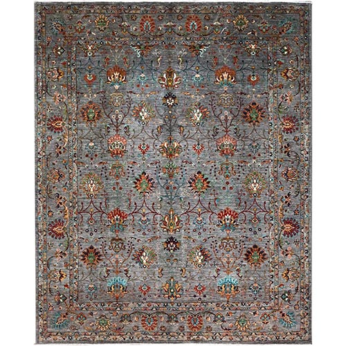 Shower Gray, Colorful Floral Sultani Design, Hand Knotted, Vegetable Dyes, Dense Weave, 100% Wool Oriental Rug
